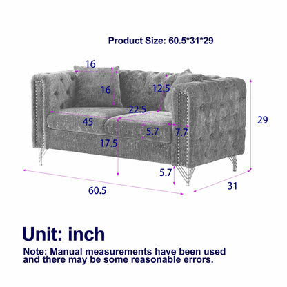 Beige Chenille Tufted Upholstered Loveseat Sofa with Metal Legs