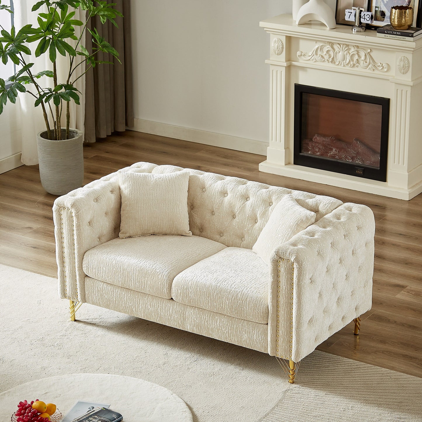 Beige Chenille Tufted Upholstered Loveseat Sofa with Metal Legs