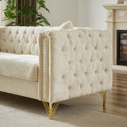 Beige Chenille Tufted Upholstered Loveseat Sofa with Metal Legs