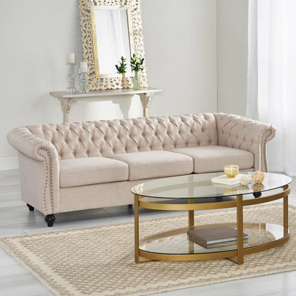 Beige Chesterfield 84.75 Button Tufted Upholstered 3-seater Sofa with Nailheads and Wood Legs
