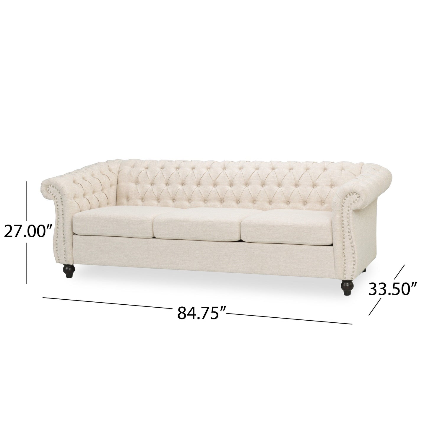 Beige Chesterfield 84.75 Button Tufted Upholstered 3-seater Sofa with Nailheads and Wood Legs