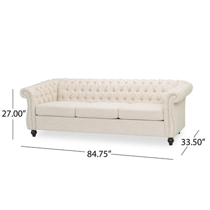 Beige Chesterfield 84.75 Button Tufted Upholstered 3-seater Sofa with Nailheads and Wood Legs