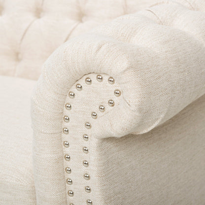 Beige Chesterfield 84.75 Button Tufted Upholstered 3-seater Sofa with Nailheads and Wood Legs