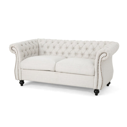 Beige Chesterfield Loveseat Button Tufted Sofa with Nailheads
