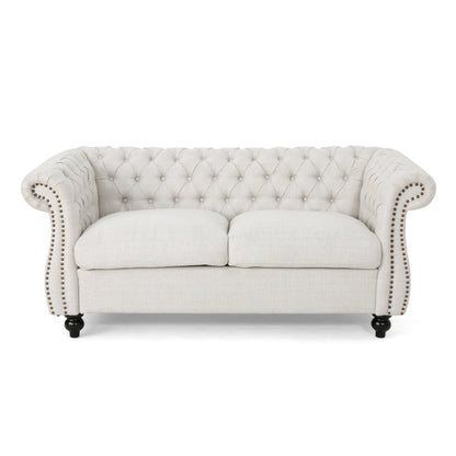 Beige Chesterfield Loveseat Button Tufted Sofa with Nailheads