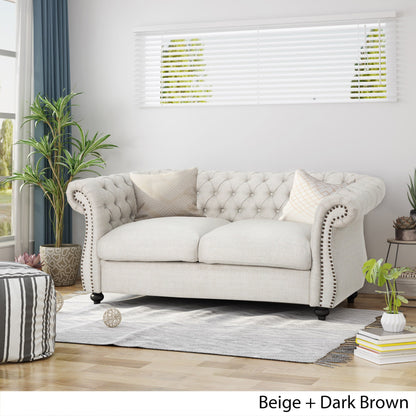 Beige Chesterfield Loveseat Button Tufted Sofa with Nailheads
