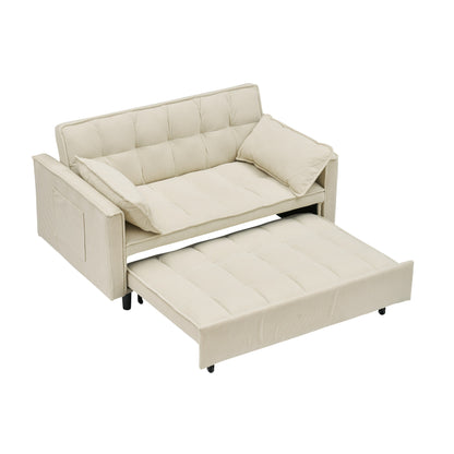 Beige Corduroy Loveseat Pull-Out Sofa Bed with Adjustable Back
