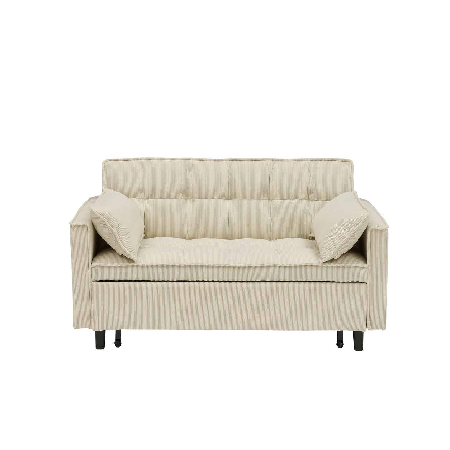 Beige Corduroy Loveseat Pull-Out Sofa Bed with Adjustable Back