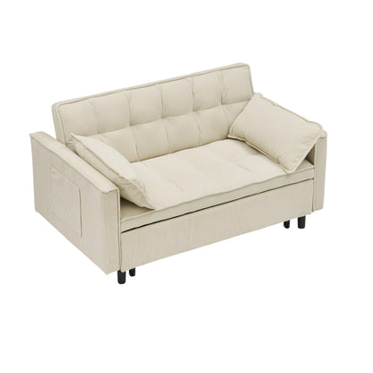 Beige Corduroy Loveseat Pull-Out Sofa Bed with Adjustable Back
