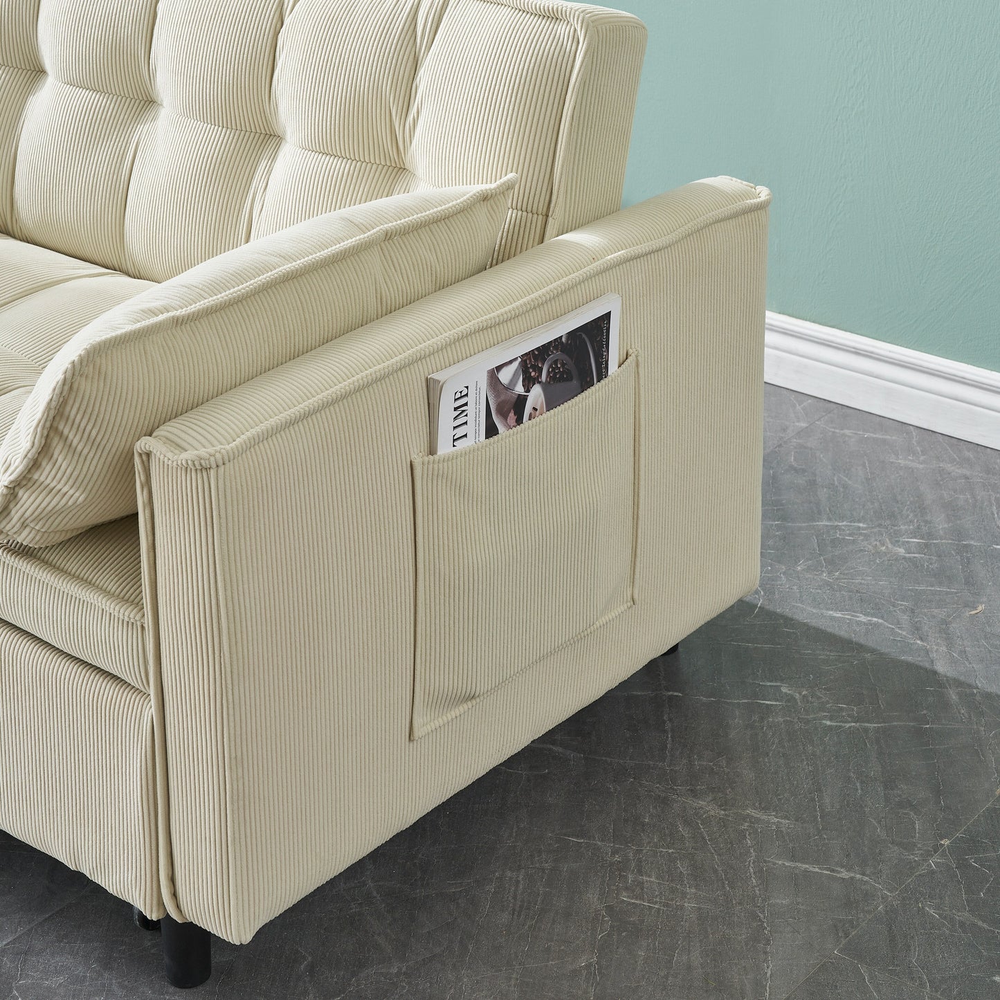 Beige Corduroy Loveseat Pull-Out Sofa Bed with Adjustable Back