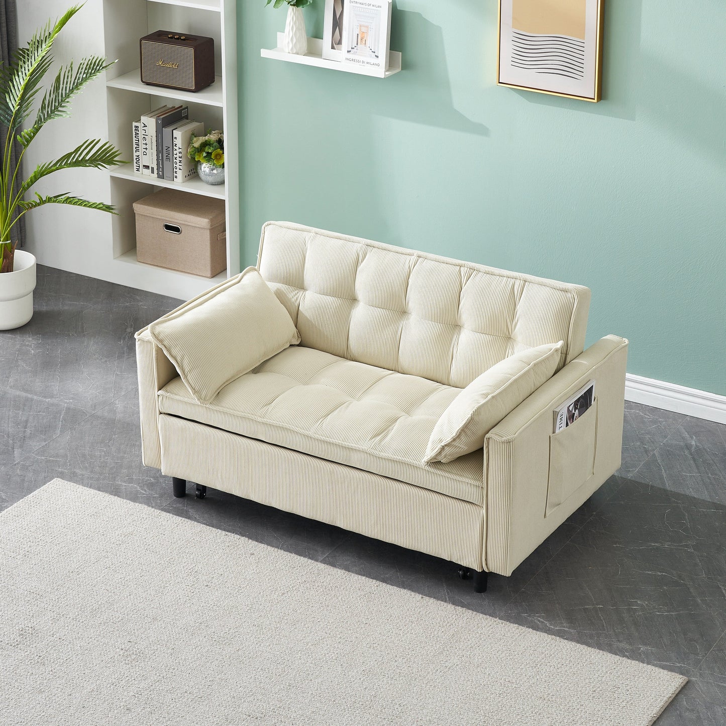 Beige Corduroy Loveseat Pull-Out Sofa Bed with Adjustable Back