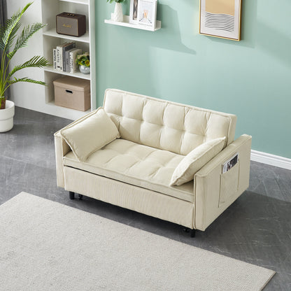 Beige Corduroy Loveseat Pull-Out Sofa Bed with Adjustable Back