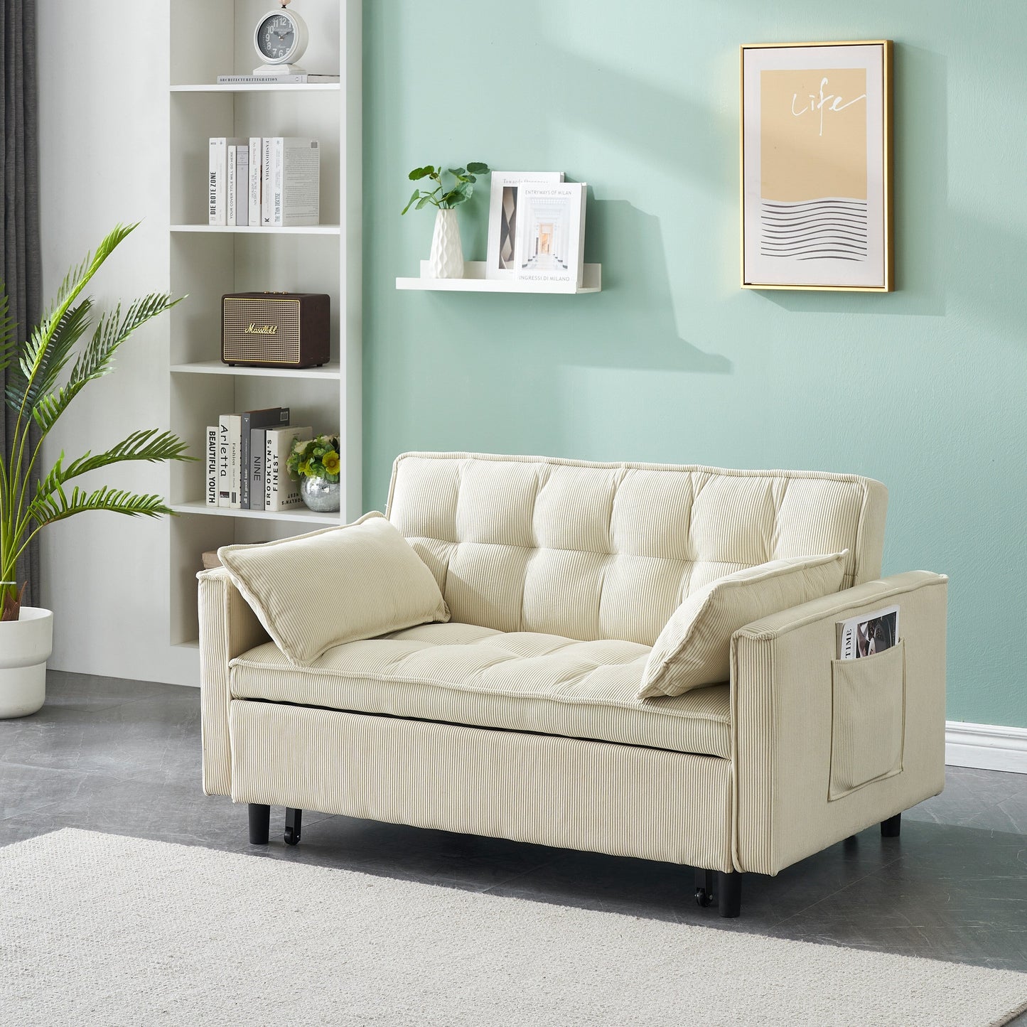 Beige Corduroy Loveseat Pull-Out Sofa Bed with Adjustable Back