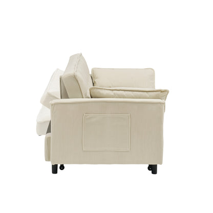 Beige Corduroy Loveseat Pull-Out Sofa Bed with Adjustable Back
