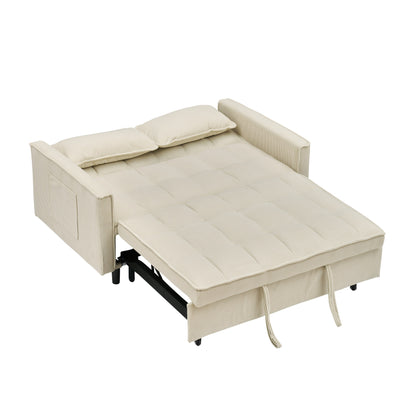 Beige Corduroy Loveseat Pull-Out Sofa Bed with Adjustable Back
