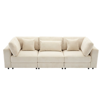 Beige Corduroy Upholstered 3-seater Sofa with Removable Cushions
