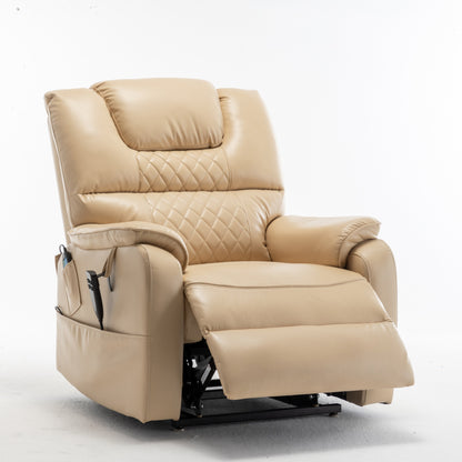 Beige Electric Lift Recliner Chair for Elderly with 180° Full Recline, OKIN Motor, Wide Seat, and Side Pockets