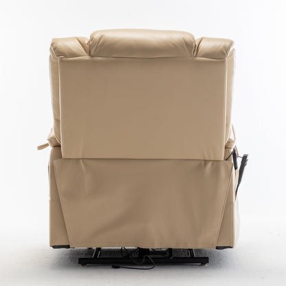 Beige Electric Lift Recliner Chair for Elderly with 180° Full Recline, OKIN Motor, Wide Seat, and Side Pockets