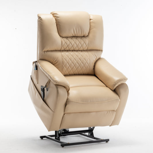 Beige Electric Lift Recliner Chair for Elderly with 180° Full Recline, OKIN Motor, Wide Seat, and Side Pockets