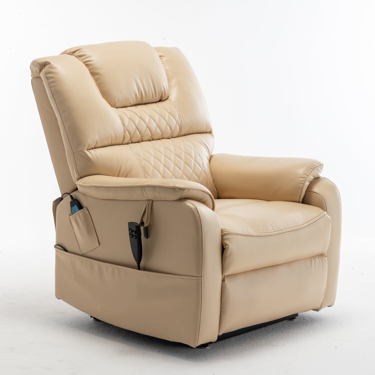 Beige Electric Lift Recliner Chair for Elderly with 180° Full Recline, OKIN Motor, Wide Seat, and Side Pockets