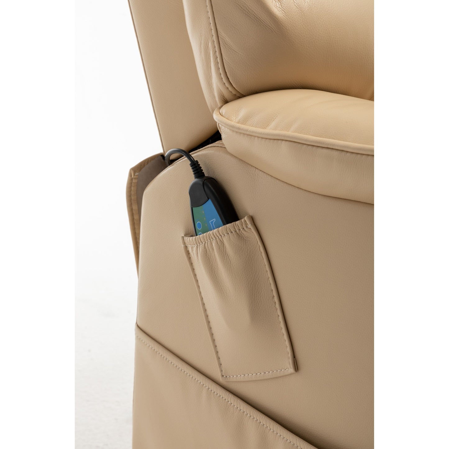 Beige Electric Lift Recliner Chair for Elderly with 180° Full Recline, OKIN Motor, Wide Seat, and Side Pockets