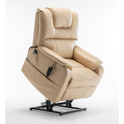 Beige Electric Lift Recliner Chair for Elderly with 180° Full Recline, OKIN Motor, Wide Seat, and Side Pockets