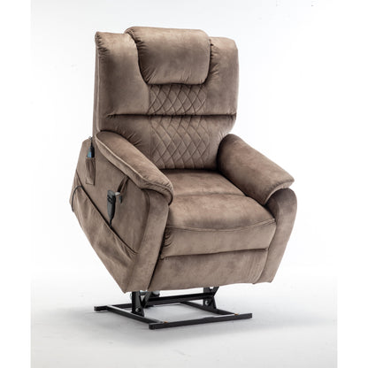 Beige Electric Lift Recliner Chair for Elderly with 180° Full Recline, OKIN Motor, Wide Seat, and Side Pockets