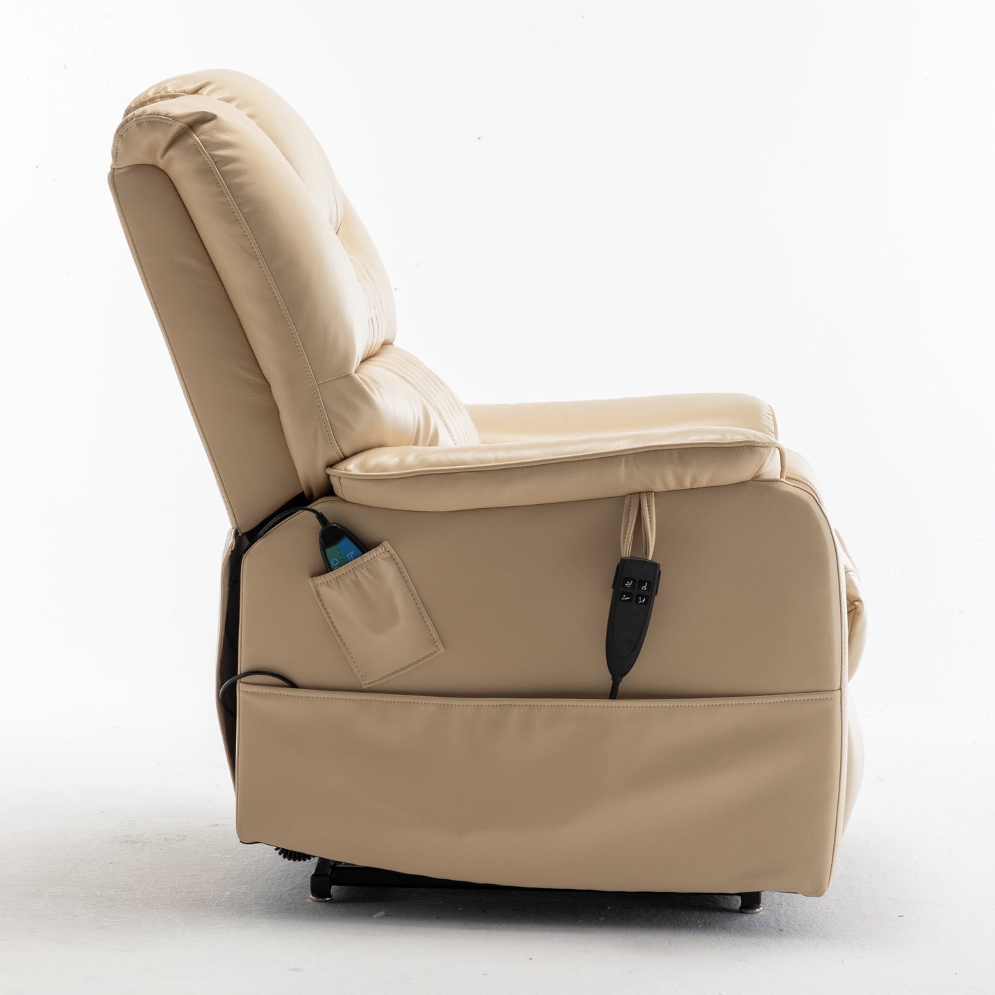 Beige Electric Lift Recliner for Seniors with OKIN Motor, 180° Full Recline, Wide Seating, and Side Storage Pockets
