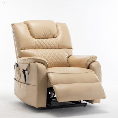 Beige Electric Lift Recliner for Seniors with OKIN Motor, 180° Full Recline, Wide Seating, and Side Storage Pockets