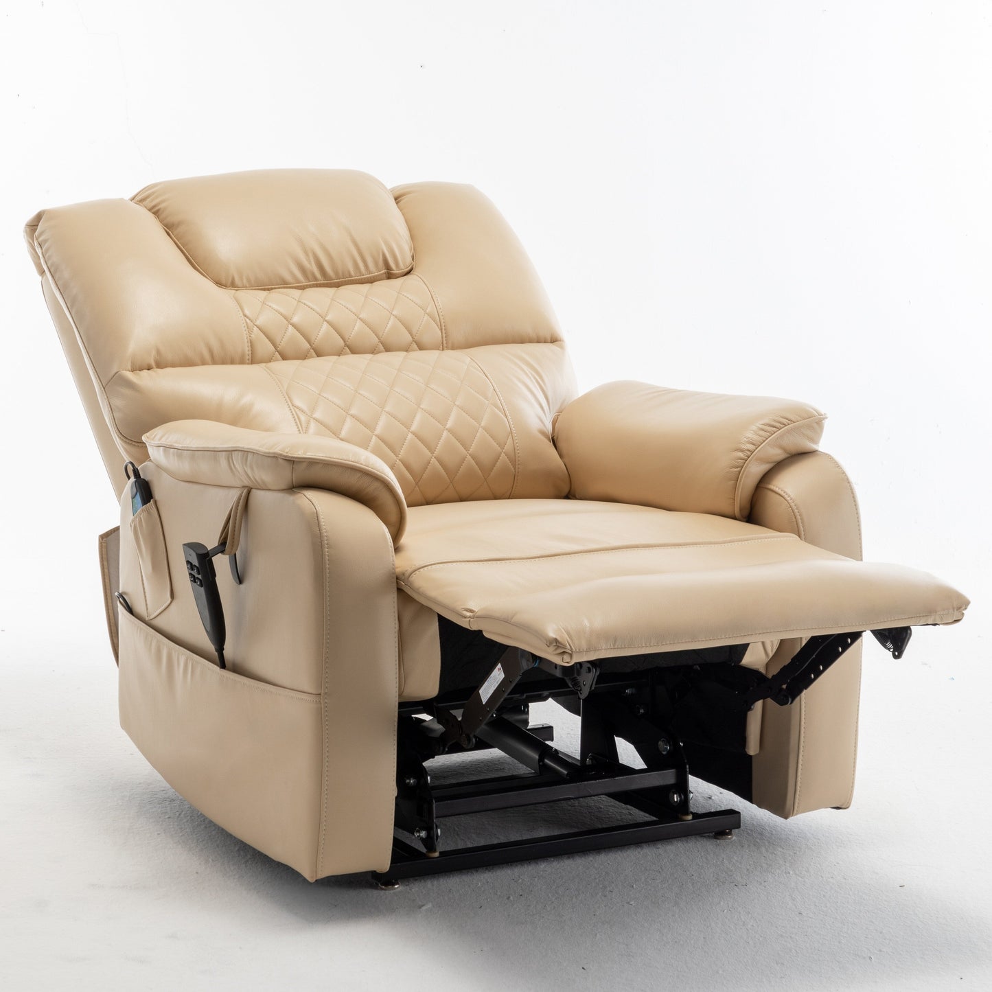 Beige Electric Lift Recliner for Seniors with OKIN Motor, 180° Full Recline, Wide Seating, and Side Storage Pockets