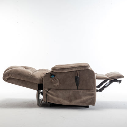 Beige Electric Lift Recliner for Seniors with OKIN Motor, 180° Full Recline, Wide Seating, and Side Storage Pockets