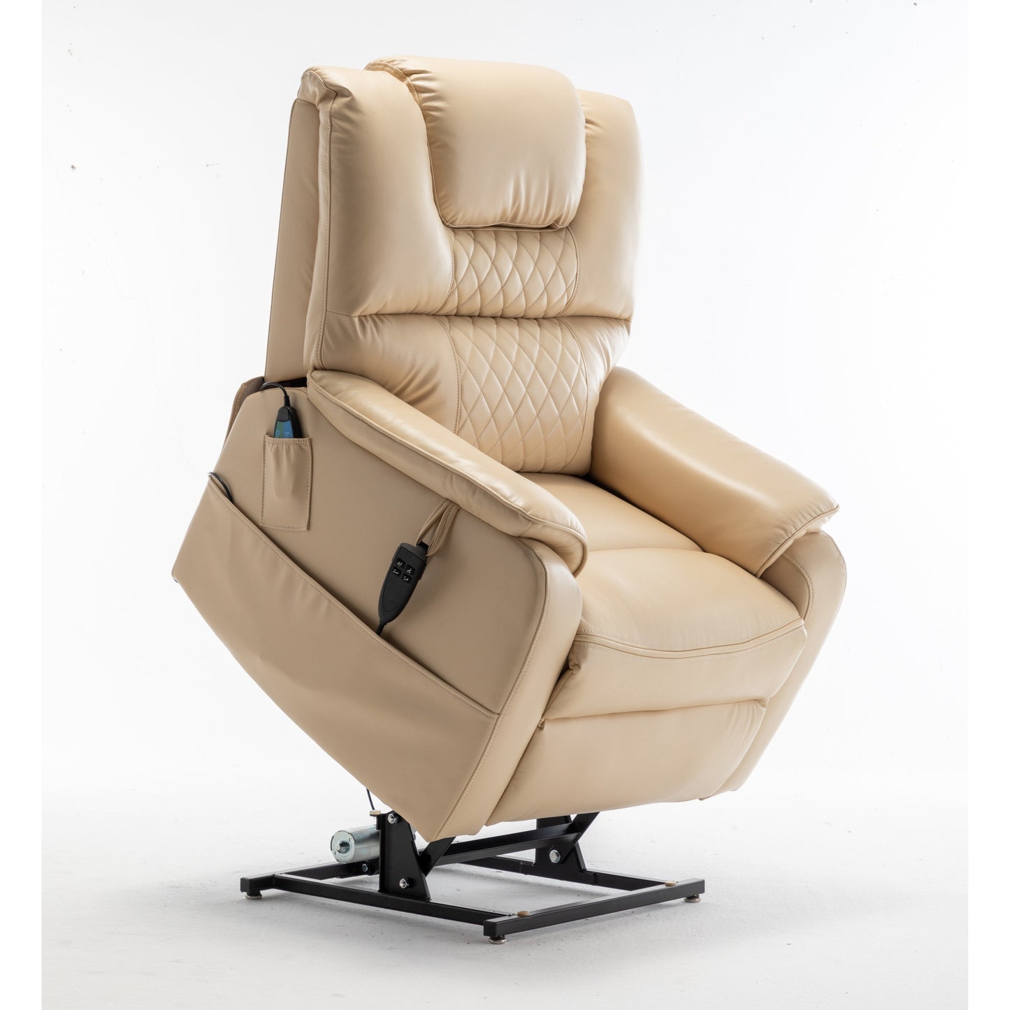Beige Electric Lift Recliner for Seniors with OKIN Motor, 180° Full Recline, Wide Seating, and Side Storage Pockets