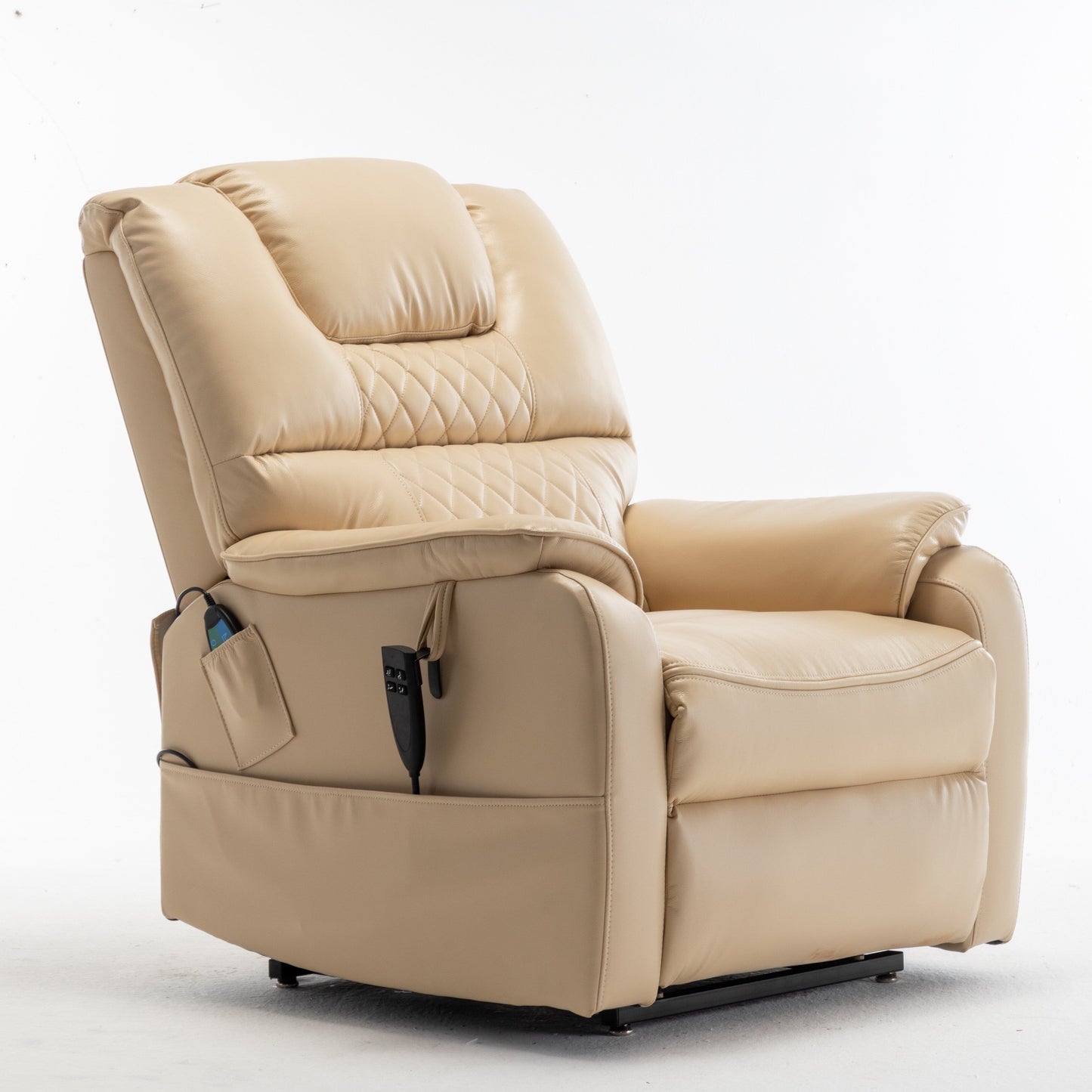 Beige Electric Lift Recliner for Seniors with OKIN Motor, 180° Full Recline, Wide Seating, and Side Storage Pockets