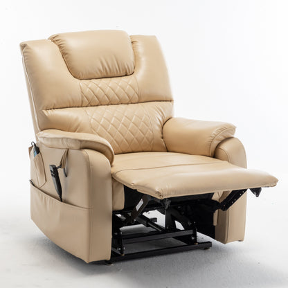 Beige Electric Lift Recliner for Seniors with OKIN Motor, 180° Full Recline, Wide Seating, and Side Storage Pockets