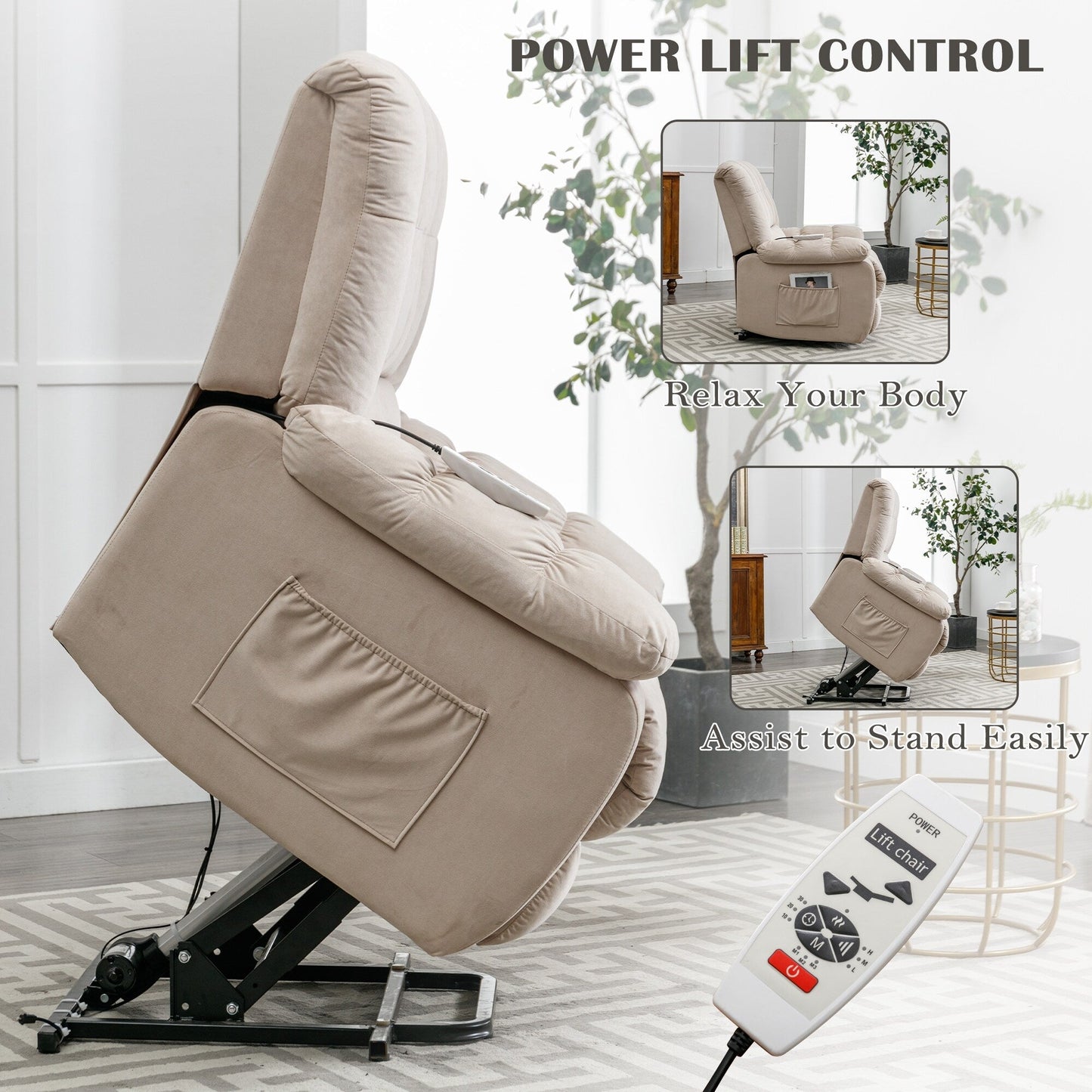Beige Electric Lift Recliner with Heat, Vibration Massage, and Side Pocket Storage for a Relaxing Living Room Experience