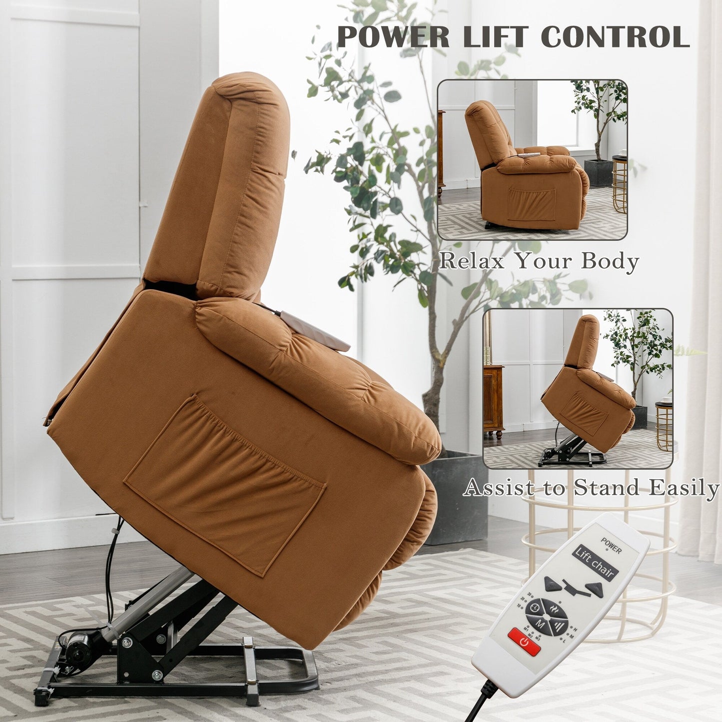 Beige Electric Lift Recliner with Heat, Vibration Massage, and Side Pocket Storage for a Relaxing Living Room Experience