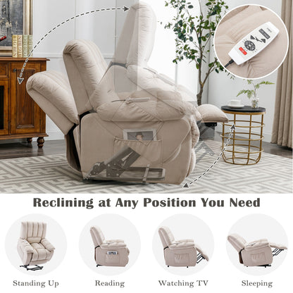 Beige Electric Lift Recliner with Heat, Vibration Massage, and Side Pocket Storage for a Relaxing Living Room Experience