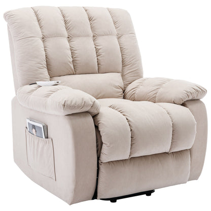 Beige Electric Lift Recliner with Heat, Vibration Massage, and Side Pocket Storage for a Relaxing Living Room Experience