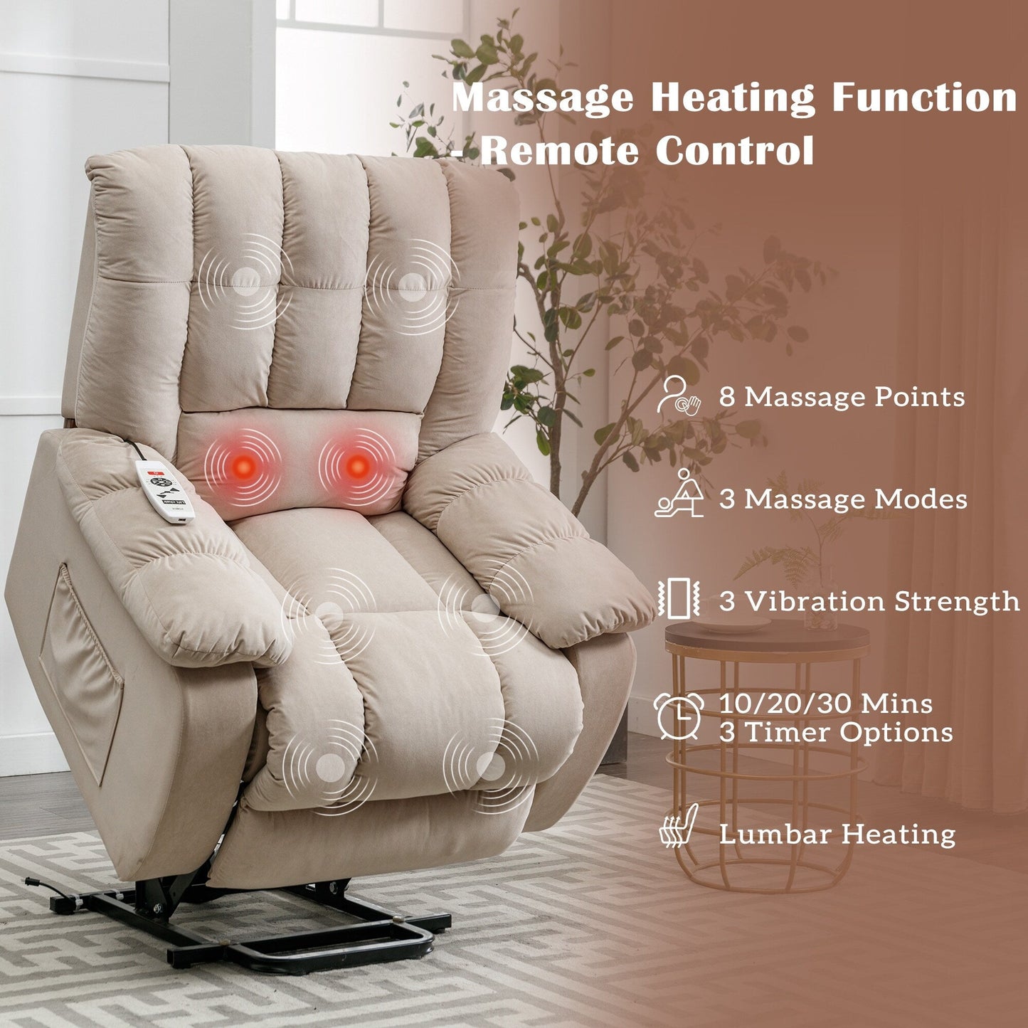 Beige Electric Lift Recliner with Heat, Vibration Massage, and Side Pocket Storage for a Relaxing Living Room Experience