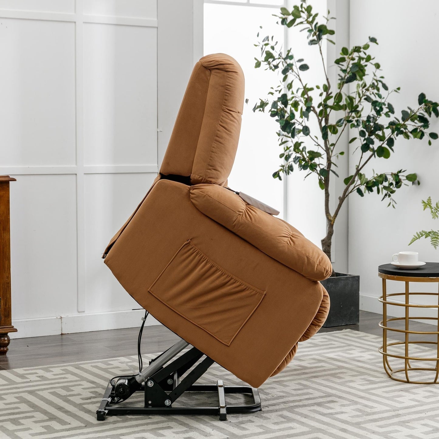 Beige Electric Lift Recliner with Heat, Vibration Massage, and Side Pocket Storage for a Relaxing Living Room Experience