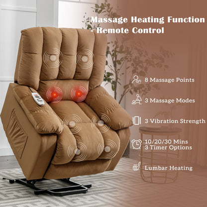 Beige Electric Lift Recliner with Heat, Vibration Massage, and Side Pocket Storage for a Relaxing Living Room Experience