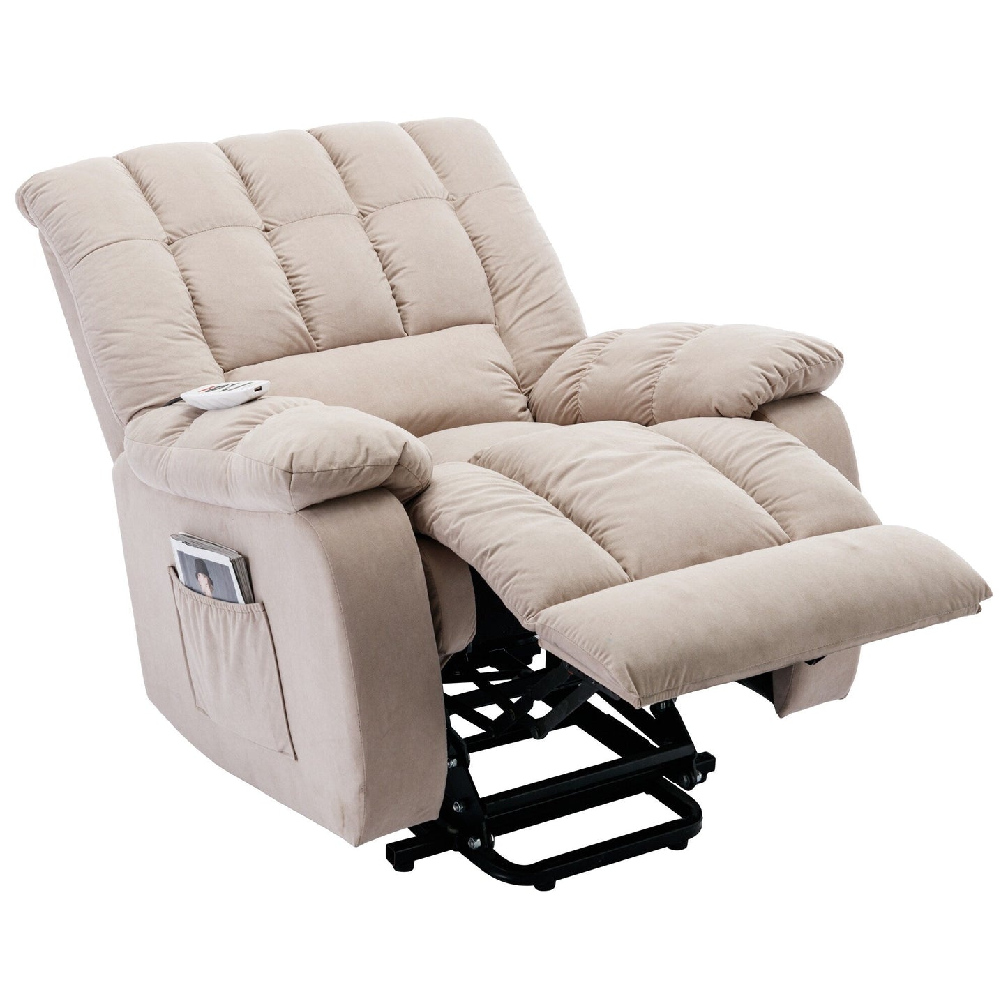 Beige Electric Lift Recliner with Heat, Vibration Massage, and Side Pocket Storage for a Relaxing Living Room Experience