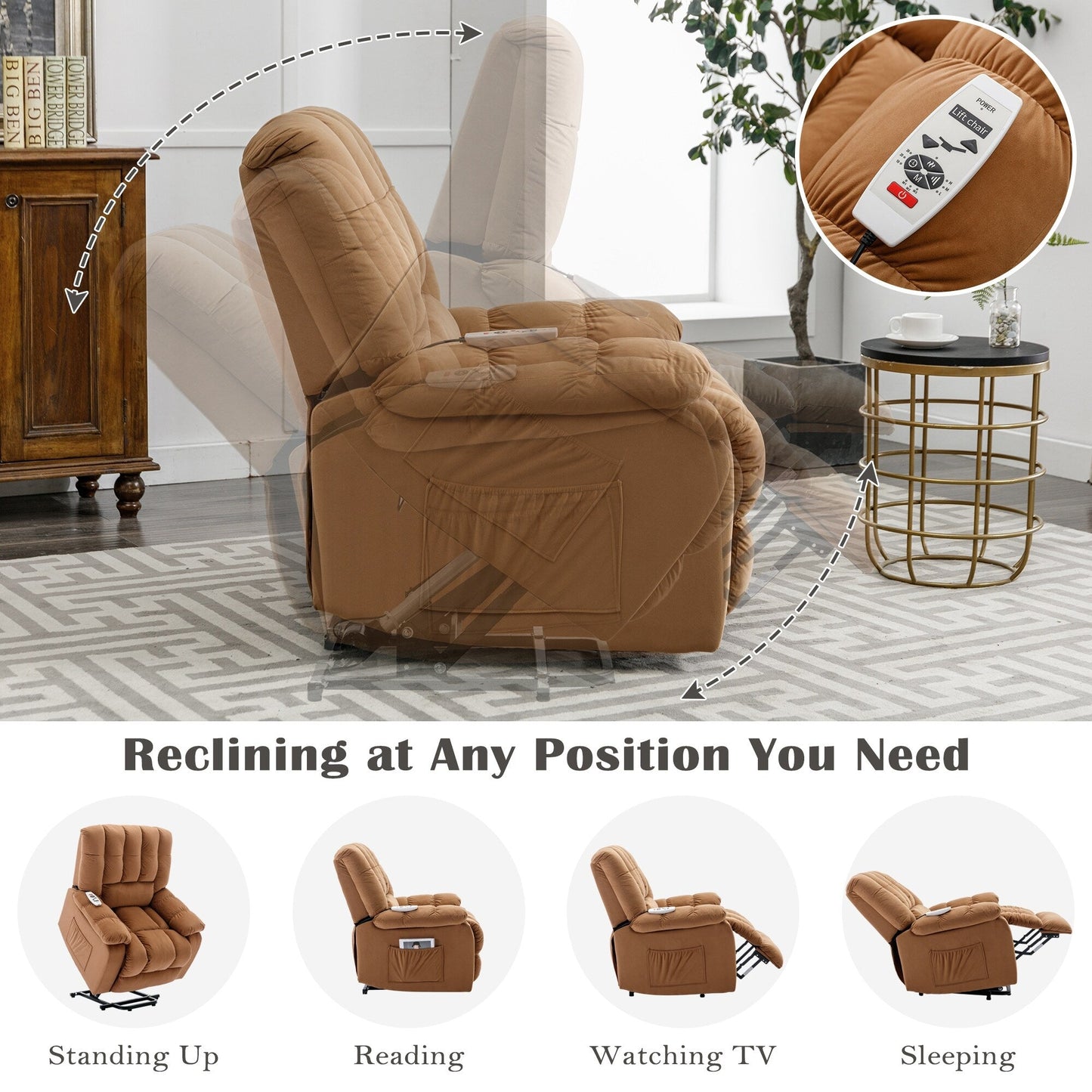 Beige Electric Lift Recliner with Heat, Vibration Massage, and Side Pocket Storage for a Relaxing Living Room Experience