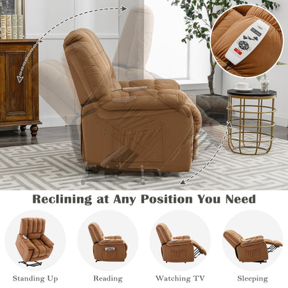 Beige Electric Lift Recliner with Heat, Vibration Massage, and Side Pocket Storage for a Relaxing Living Room Experience