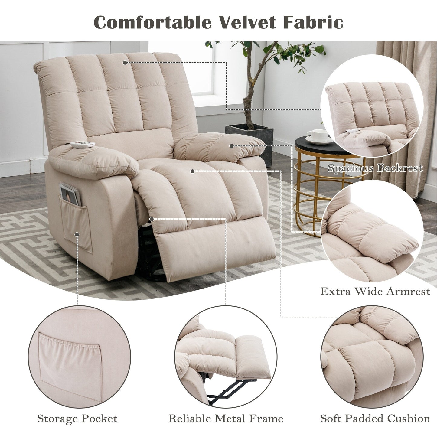 Beige Electric Lift Recliner with Heat, Vibration Massage, and Side Pocket Storage for a Relaxing Living Room Experience