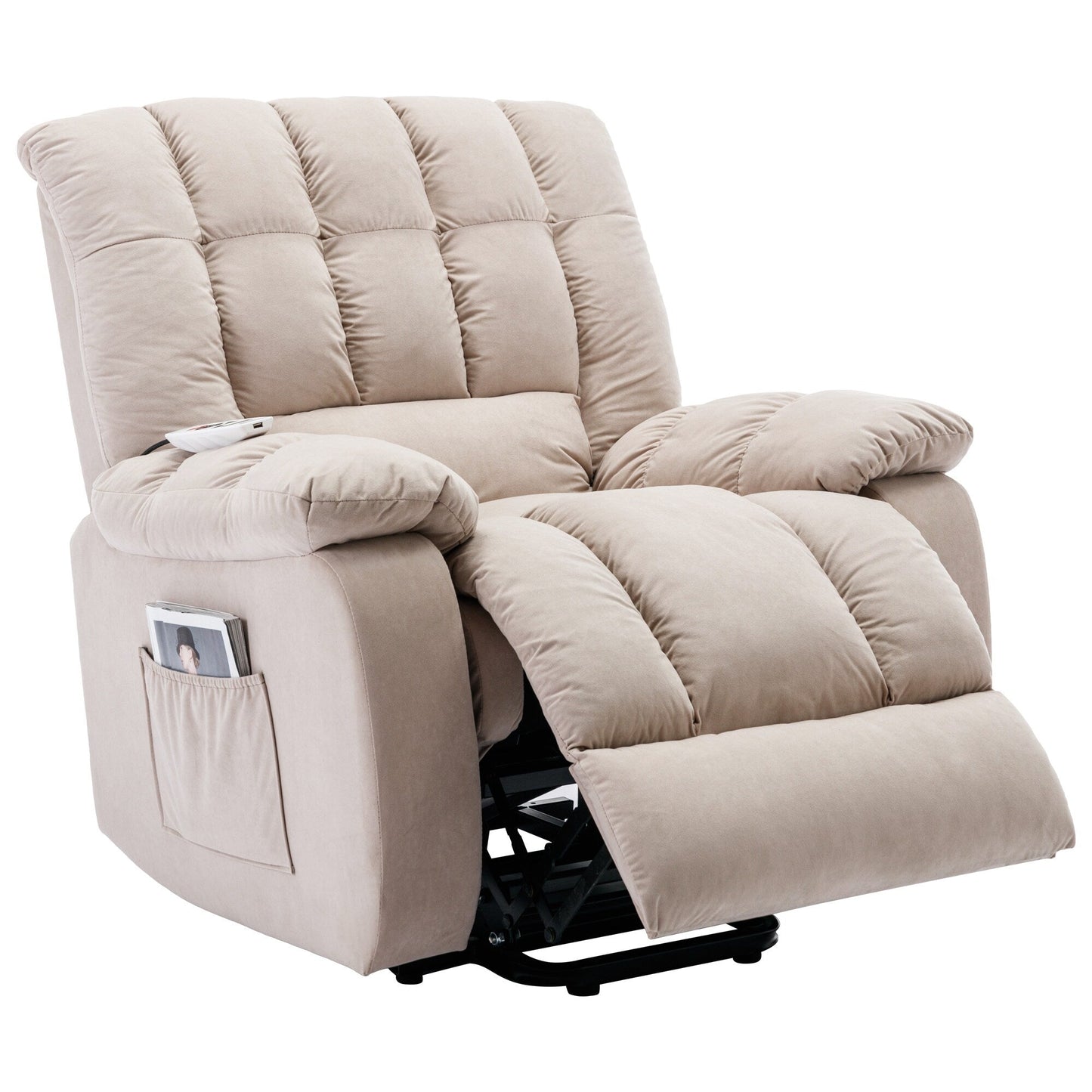 Beige Electric Lift Recliner with Heat, Vibration Massage, and Side Pocket Storage for a Relaxing Living Room Experience