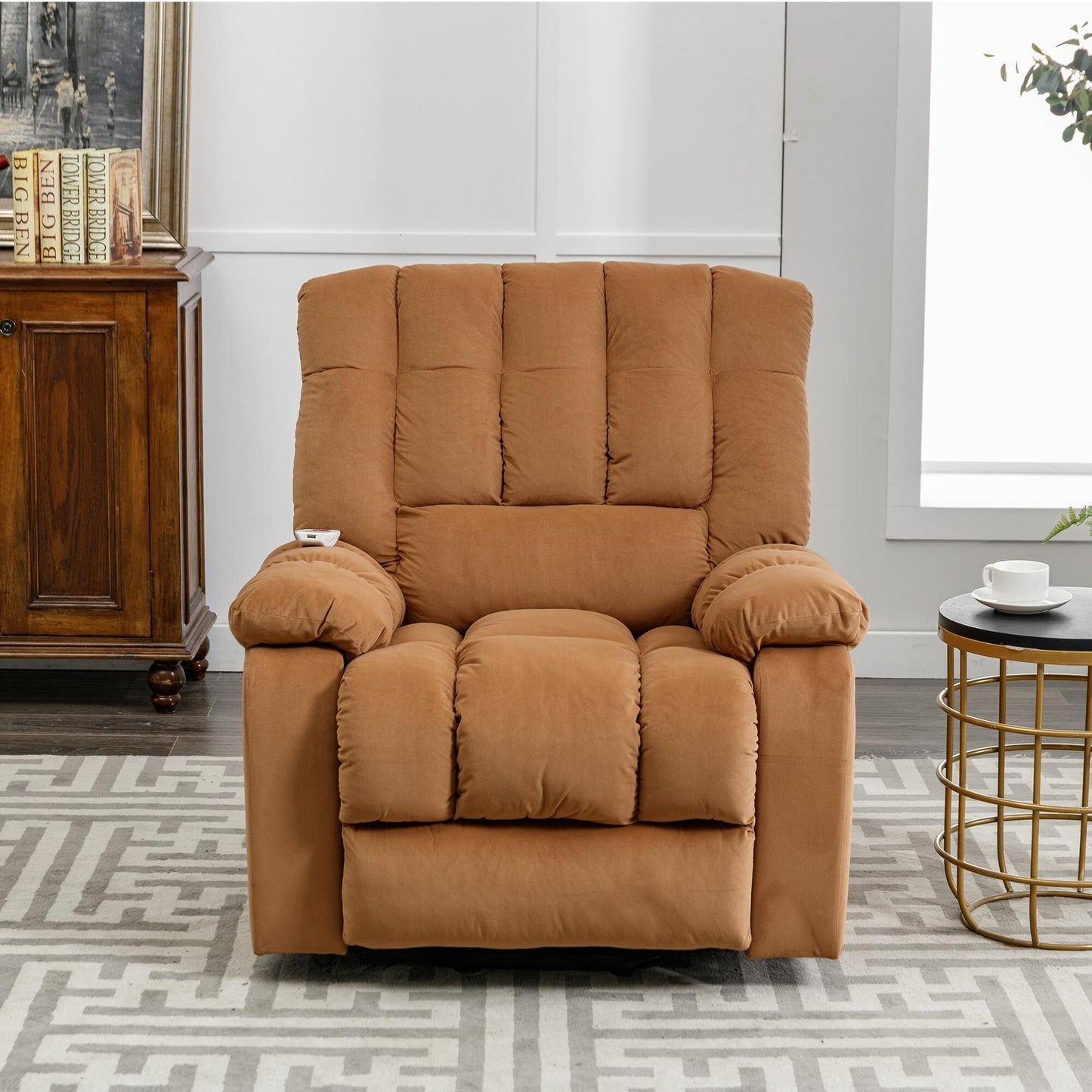 Beige Electric Lift Recliner with Heat, Vibration Massage, and Side Pocket Storage for a Relaxing Living Room Experience