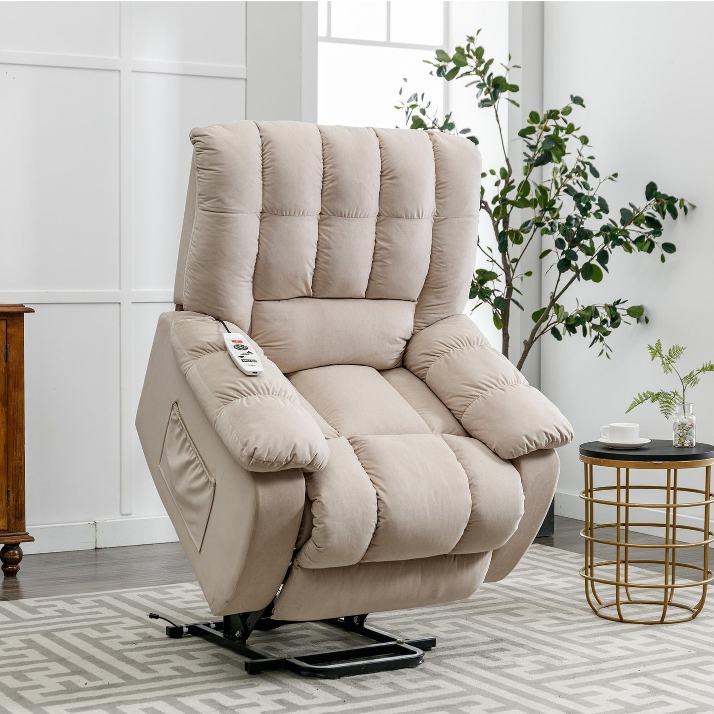 Beige Electric Lift Recliner with Heat, Vibration Massage, and Side Pocket Storage for a Relaxing Living Room Experience