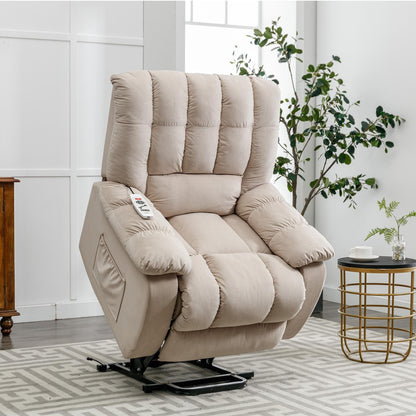 Beige Electric Lift Recliner with Heat, Vibration Massage, and Side Pocket Storage for a Relaxing Living Room Experience