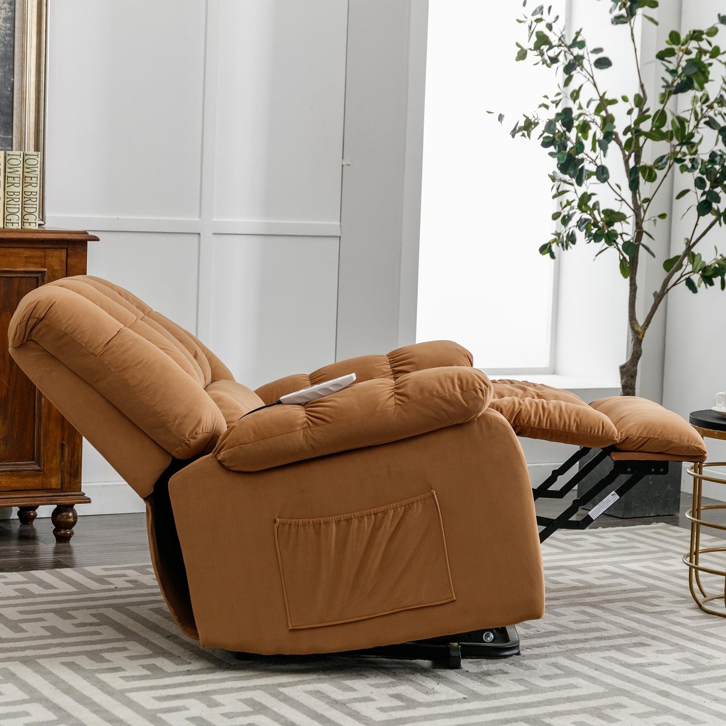 Beige Electric Lift Recliner with Heat, Vibration Massage, and Side Pocket Storage for a Relaxing Living Room Experience